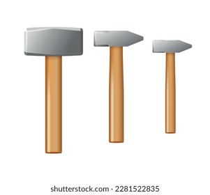Set of blacksmith hammers with wooden handle. Vector industrial workers tool. Equipment for repair, contract and locksmith work. Vector