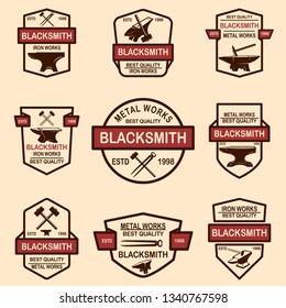 Set of blacksmith and iron works emblems. Design element for logo, label, sign, poster, t shirt. Vector illustration