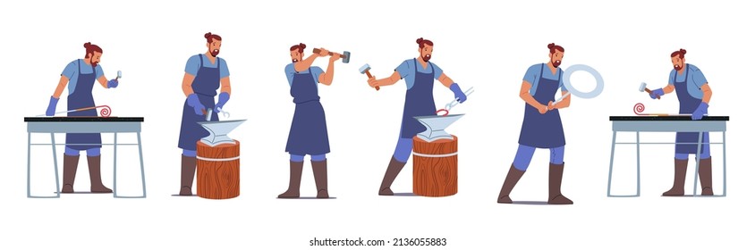 Set of Blacksmith Male Characters Work with Instruments Hammer or Anvil. Man Wear Apron Professional Master Working with Metal and Iron Making Forgery Craftsmanship. Cartoon People Vector Illustration