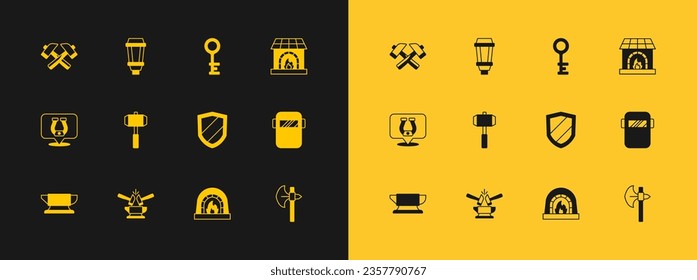 Set Blacksmith oven, Anvil and hammer, Shield, Sledgehammer, Old key, Crossed and Garden light lamp icon. Vector