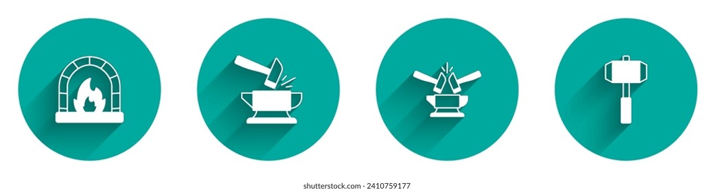 Set Blacksmith oven, Anvil and hammer,  and Sledgehammer icon with long shadow. Vector