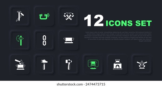 Set Blacksmith oven, Anvil and hammer, Chain link, anvil tool, Medieval axe, Hammer, Clamp screw and  icon. Vector