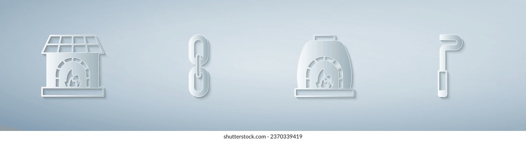 Set Blacksmith oven, Chain link,  and Fire poker. Paper art style. Vector