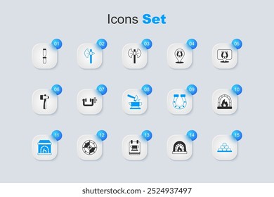 Set Blacksmith oven, Clamp and screw tool, Medieval axe, Gold bars, Rasp metal file and Anvil hammer icon. Vector