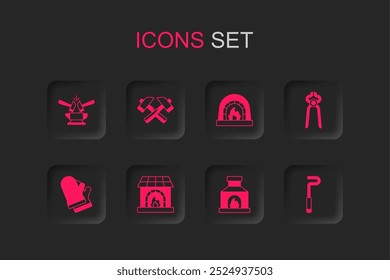 Set Blacksmith oven, Crossed hammer, Anvil and, pliers tool, Fire poker,  and Protective gloves icon. Vector