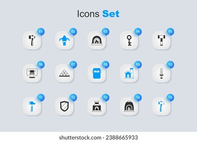 Schmiedeofen, Goldbarren, klassischer Eisenzaun, Hammer, mittelalterliches Schwert und Schweißmaske-Icon. Vektorgrafik