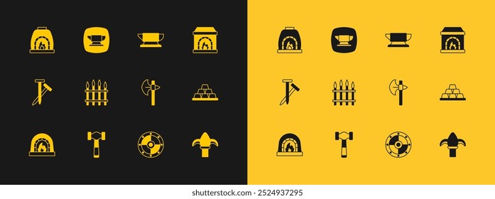 Definir o forno Blacksmith, Martelo, Machado medieval, Escudo redondo, Cerca de ferro clássica, ferramenta bigorna e ícone. Vetor