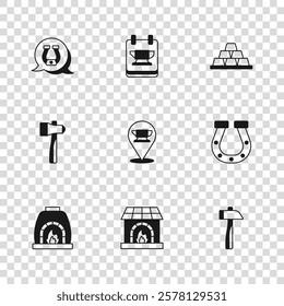 Set Blacksmith oven, Horseshoe, Hammer, anvil tool, Gold bars,  and  icon. Vector