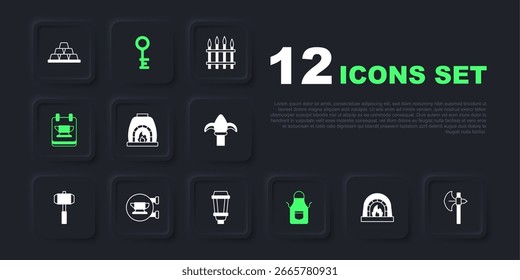 Conjunto Horno de herrería, hacha medieval, delantal, herramienta de yunque, llave vieja e icono de lámpara de luz de jardín. Vector