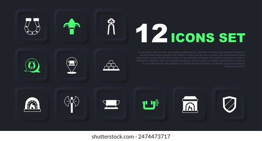 Set Horno de herrero, Escudo, herramienta de yunque, Abrazadera y tornillo, Herradura, Bastón medieval, Valla de hierro clásico e icono. Vector