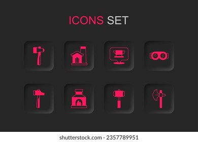 Set Blacksmith oven, Smithy workshop interior, Hammer, Sledgehammer, Welding glasses, Medieval axe, anvil tool and  icon. Vector
