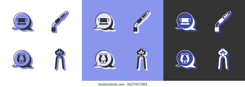 Set Blacksmith pliers tool, anvil, Horseshoe and Welding torch icon. Vector