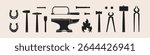 Set of blacksmith tools graphic icons. The most complete collection of forging tool signs isolated on a white background.