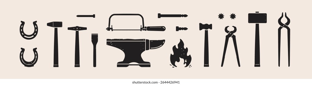 Set of blacksmith tools graphic icons. The most complete collection of forging tool signs isolated on a white background.