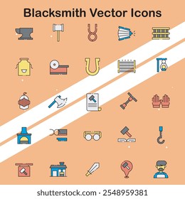Conjunto de iconos vectoriales de herrería que ilustran herramientas y técnicas de forja ideales para temas de artesanía.