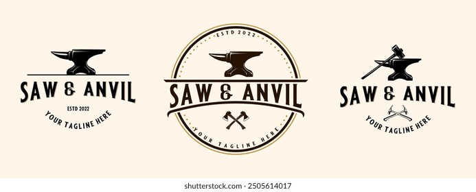 Set Blacksmith vintage logo. saw Ax hammer anvil icon, for blacksmithing, iron and metal work