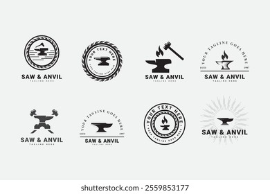 Set Blacksmith vintage logo. saw Ax hammer anvil icon, for blacksmithing, iron and metal work