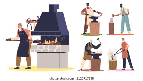 Set of blacksmith at work in forge. Smiths melting metal on furnace oven, casting and bending steel, using sledgehammer to hammer. Metalwork and craftsmanship concept. Cartoon flat vector illustration