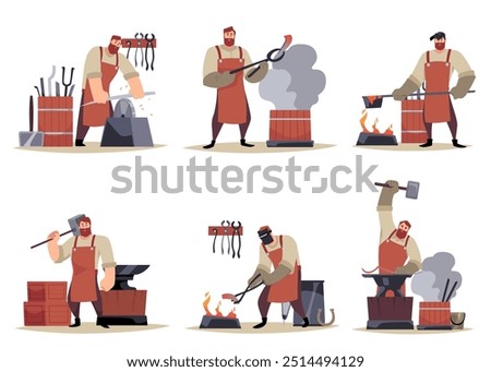 Set of blacksmiths in different poses. A bearded man in a leather apron and gloves forges metal tools and weapons. Workshop. Vector illustration isolated on white background.