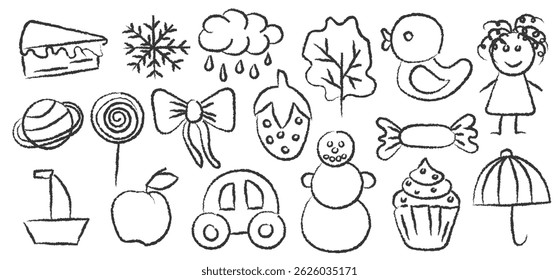 Set of blackt chalk childish drawings. Realistic chalk drawn elements. Kid elements with texture