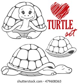 set of black&white cartoon turtles isolated on white background. animal vector sketch. Children illustration. turtle symbol