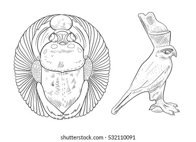 Set of black-white contour museum exhibits. Excavations in Egypt. Vector illustration, isolated on a white background. Icons bird falcon and scarab beetle. Ancient religious symbols. coloring page