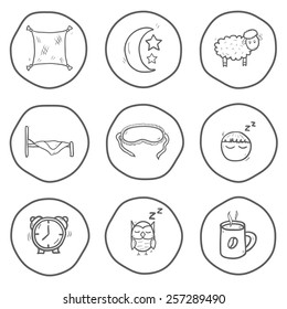 Set of black-white hand drawn icons on sleep theme for your design