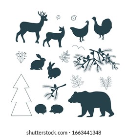 Set of black-white images of forest animals and birds, abstract plants, nature. Bear, deer, hares, hedgehogs, capercaillie. Elements  design, flat style, vector illustration.