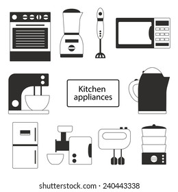 Set of black-white kitchen appliances icons for your design