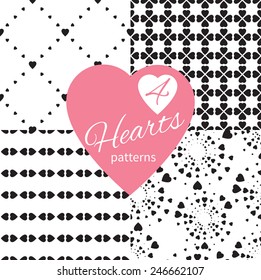 Set of Black&White seamless patterns with hearts. Can be used for baby announcement, Valentine's Day, Mother's Day, Easter, wedding, scrapbook, gift wrapping paper, textiles.