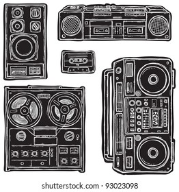 Set of black&white vector tape recorders.