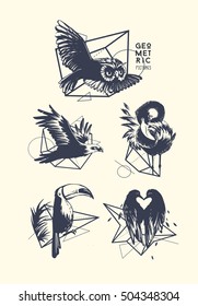 Set of blackwork tattoo art. Geometric hand drawn birds. Isolated vector illustration.