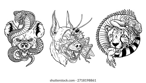 Conjunto de ilustraciones flash de tatuaje de blackwork con cabezas de animales agresivos con reptiles, estilo de arte de línea audaz, ideal para diseños de tatuajes e impresiones