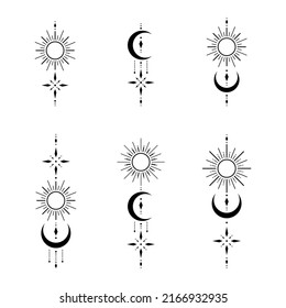 Set of blackwork tattoo with sun, moon, star. Sacred geometry tattoo design, mystic symbol. New school dotwork, line art minimalist style tattoo. Boho design. Print, posters, t-shirts and textiles.