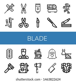 Set of blade icons such as Cannula, Razor, Shears, Scissors, Shaver, Scalpel, Slicer, Ice skate, Paper cutter, Shaving razor, Barber, Skater, Barbershop, Axe, Executioner , blade