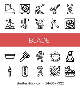 Set of blade icons such as Ice skating, Sword, Fan, Razor, Axe, Carving, Scissors, Shaving razor, Shears, Surgical tray, Scalpel, Ice skate, Boat engine, Skater, Executioner , blade