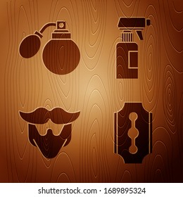 Set Blade razor, Aftershave bottle with atomizer, Mustache and beard and Hairdresser pistol spray bottle on wooden background. Vector