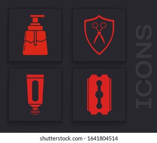 Set Blade razor, Aftershave, Scissors hairdresser and shield and Cream or lotion cosmetic tube icon. Vector