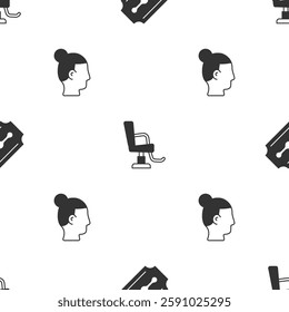 Set Blade razor, Barbershop chair and Hairstyle for men on seamless pattern. Vector