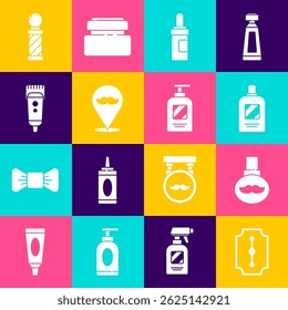 Set Blade razor, Beard and mustaches care oil bottle, Bottle of shampoo, Barbershop, Electrical hair clipper shaver, Classic pole and  icon. Vector