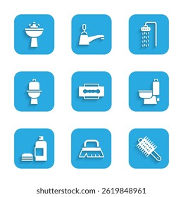 Set Blade razor, Brush for cleaning, Hairbrush, Toilet bowl, Bottle of shampoo, Shower and Washbasin with water tap icon. Vector