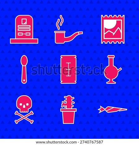 Set Blade razor, Cactus peyote in pot, Marijuana joint, Glass bong for smoking marijuana, Skull crossbones, Heroin spoon, LSD acid mark and Tombstone with RIP written icon. Vector