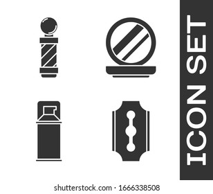 Set Blade razor, Classic Barber shop pole, Shaving gel foam and Makeup powder with mirror icon. Vector