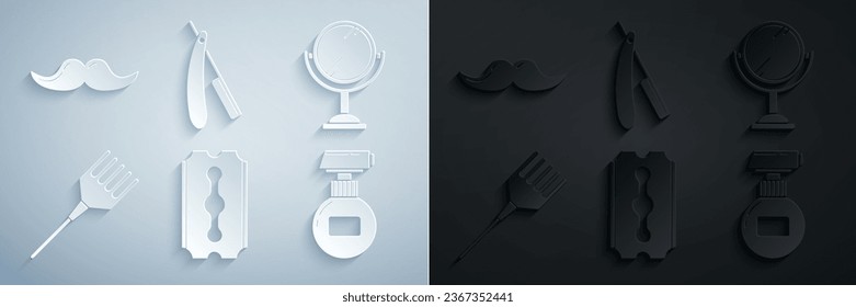 Set Blade razor, Hand mirror, Hairbrush, Cream lotion cosmetic tube, Straight and Mustache icon. Vector