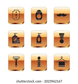 Set Blade razor, Shaving, Classic Barber shop pole, Cream lotion cosmetic tube, gel foam and brush, Mustache, Towel hanger and Bottle of shampoo icon. Vector