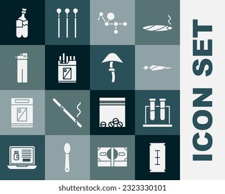 Set Blade razor, Test tube and flask, Marijuana joint, Cannabis molecule, Open cigarettes pack box, Lighter, Bong for smoking marijuana and Psilocybin mushroom icon. Vector