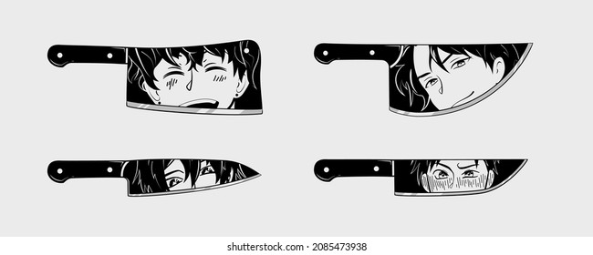 Set of Blades with Manga anime faces. Four various Knives with anime characters in Manga style. Reflection of male anime faces in a polished knife blade