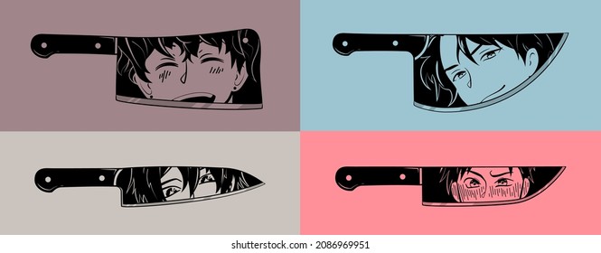 Set of Blades with Manga anime faces. Four various Knives with anime characters in Manga style. Reflection of male anime faces in a polished knife blade