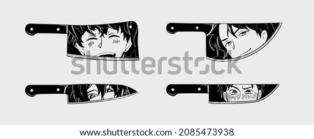 Set of Blades with Manga anime faces. Four various Knives with anime characters in Manga style. Reflection of male anime faces in a polished knife blade