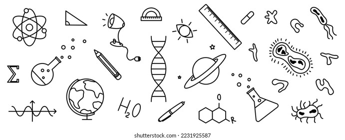 A set of blak school symbols on white background. Isolated icon collection. Vector signs. Design elements for poster, cover, flyer.